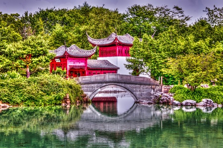 Chinese Garden behind a little bridge imageの写真素材
