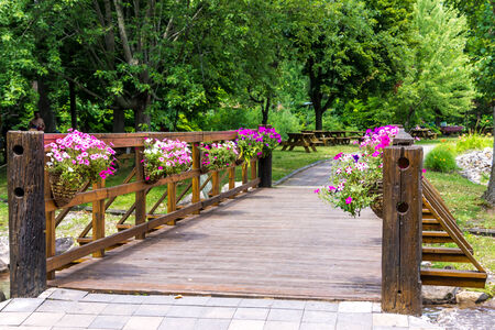 Small Wooden bridge with flowers, and in the background, picnic table and blurred treesの写真素材