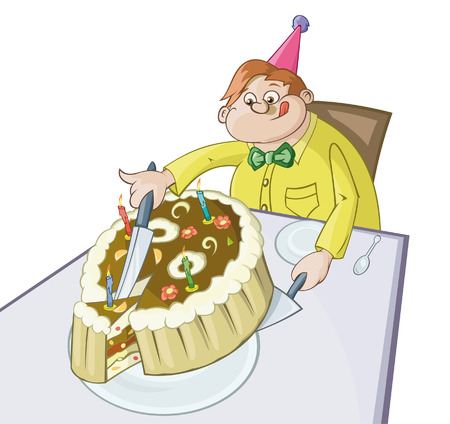 The fat man is cutting off the big piece of a pie.のイラスト素材