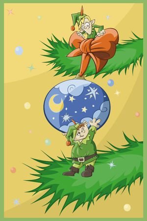 Two Christmas elfs decorate Christmas-treeのイラスト素材