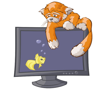The cat is catching virtual fish on the monitor screen. のイラスト素材