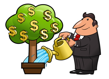 Illustration of the businessman watering the money tree to keep its growthのイラスト素材
