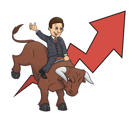 Illustration of the confident businessman riding big angry bull symbolizing success and risk in  businessのイラスト素材