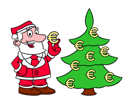 Illustration of the Santa Claus decorating Christmas tree with euro signs on white backgroundのイラスト素材