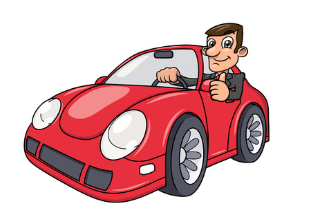Illustration of the successful businessman driving a modern red car and showing thumb upのイラスト素材