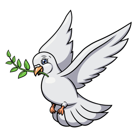 Illustration of the flying white dove with olive branch. White background. Vectorのイラスト素材