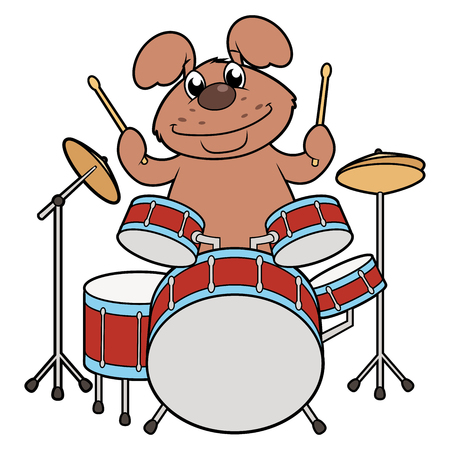 Illustration of the cute smiling dog playing drumsのイラスト素材