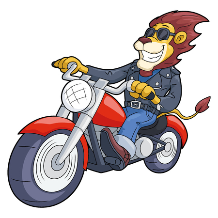 Cartoon illustration of a lion riding a motorbike at a high speedのイラスト素材