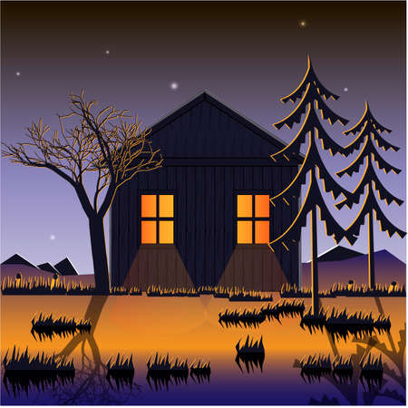 House in the mountains. Forest edge. The fleet landscape. Vector illustrationのイラスト素材