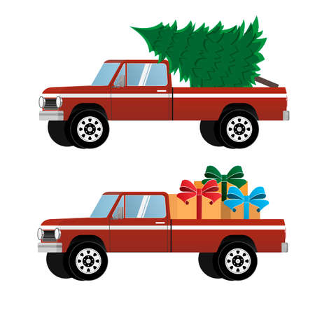 Christmas truck. The car carries gifts and a Christmas tree. Vector illustrationのイラスト素材