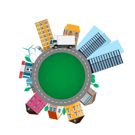 Delivery by truck. Round the city. Vector illustrationのイラスト素材