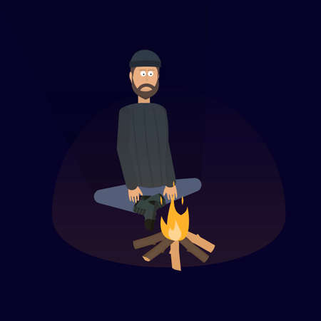 A tourist is sitting near the fire. Camping Vector illustrationのイラスト素材