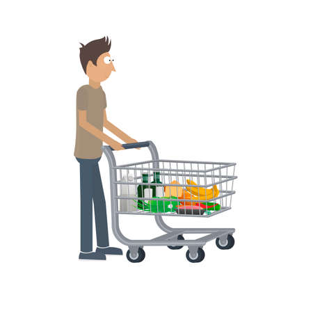 Shopping cart with food. Man shopping, vector illustrationのイラスト素材