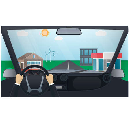 Driving. Street traffic. Hands on the steering wheel, vector illustrationのイラスト素材