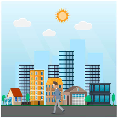 Man walks through the city. Walking, vector illustrationのイラスト素材