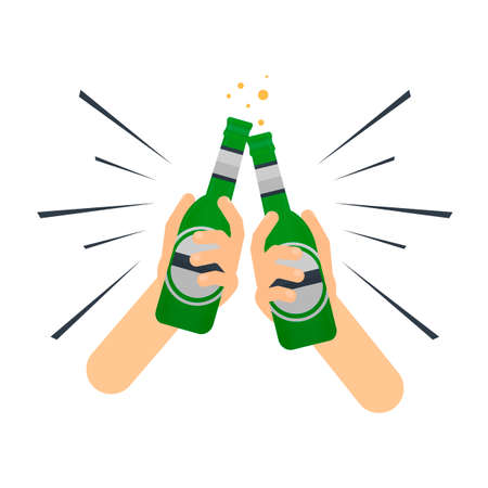 Bottle of beer in his hand. Toasting beer, vector illustrationのイラスト素材