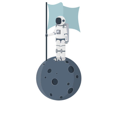 Astronaut in a spacesuit. Spacemen with a flag on the planet, vector illustrationのイラスト素材