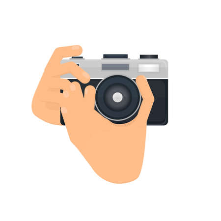 Camera in hand. Take photos, vector illustration. Photo cameraのイラスト素材