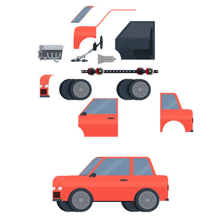 Structure of the car. Assembly of cars. Auto parts, vector illustrationのイラスト素材