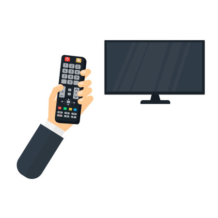 TV remote control in hand. Switch channels in TV, vector illustrationのイラスト素材