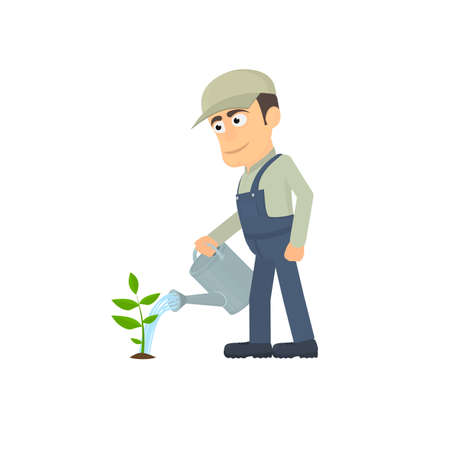 Gardener. A garden watering can waters a flower, vector illustrationのイラスト素材