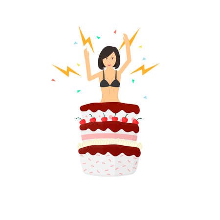 Woman jumps out of a cake. Holiday gift, vector illustrationのイラスト素材