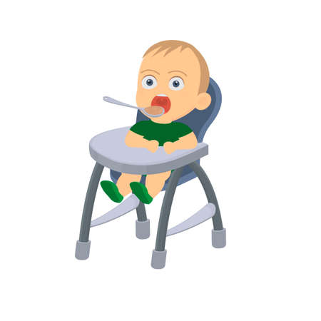 Feeding the baby. A child eats food with a spoon, vector illustrationのイラスト素材