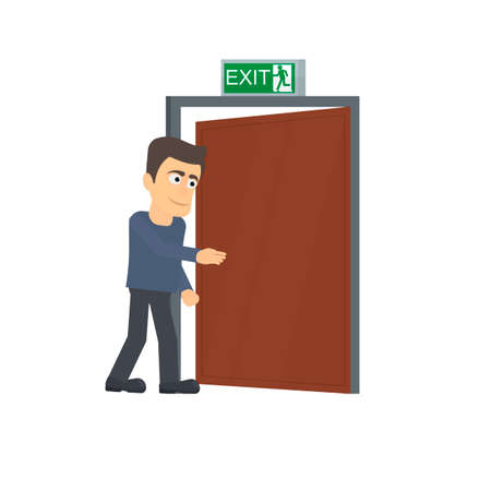 Evacuation exit. Man walks out the door, vector illustrationのイラスト素材