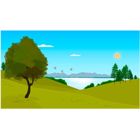 natural landscape. Forest with lake and mountains, vector illustrationのイラスト素材