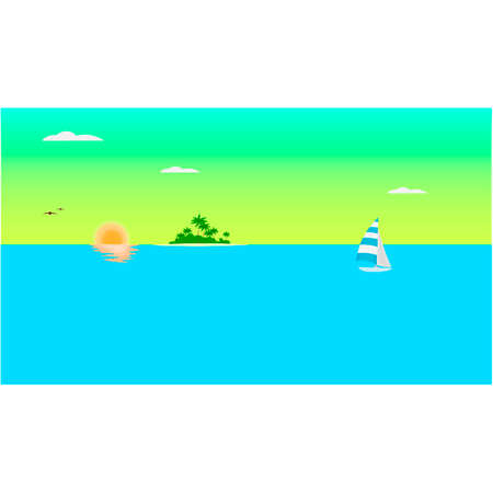 cartoon sea background. Landscape of a tropical sea with an island and a yacht, vector illustrationのイラスト素材