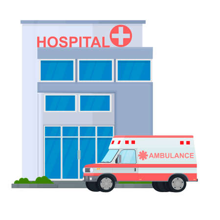 hospital building. Ambulance at the hospital building, vector illustrationのイラスト素材