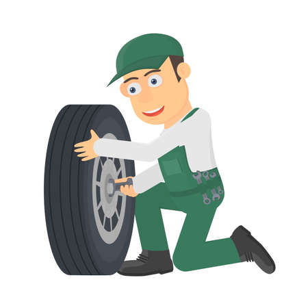 Repairman repairs the wheel. Car wheel replacement and maintenance, vector illustrationのイラスト素材