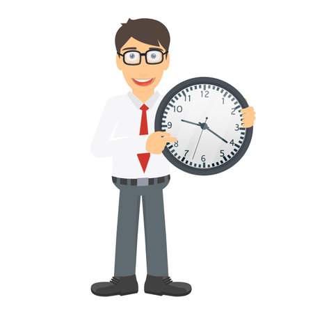Man is holding a watch. Boss points to the time, vector illustrationのイラスト素材