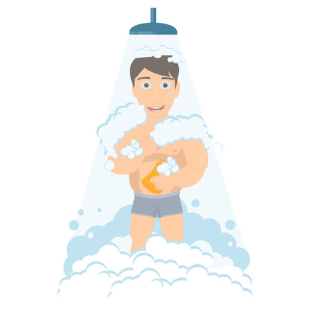 man washes in the shower. A man washes with soap and a washcloth, vector illustrationのイラスト素材