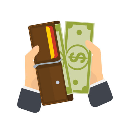 Wallet with money. Hands take money from a wallet, vector illustrationのイラスト素材