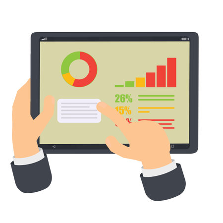Reports on a tablet. Infographic of indicators and results, vector illustrationのイラスト素材