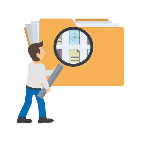 Man with a magnifying glass. Search for information in a file, vector illustrationのイラスト素材