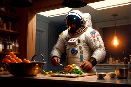 Astronaut cooks food. Generative AIの素材