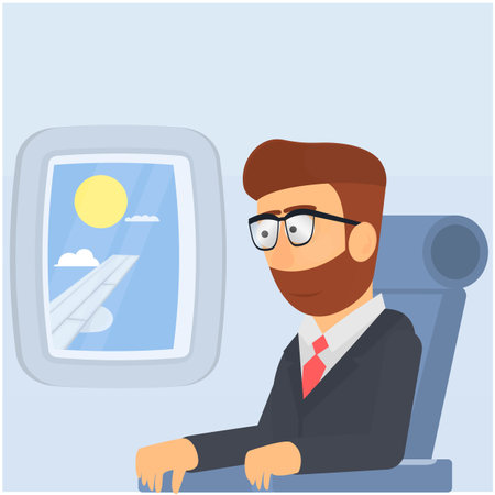 Man on the plane. Passenger is a traveler, looking out the window of an airplane, vector illustrationのイラスト素材
