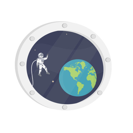 Astronaut in outer space. Cosmonaut greetings from the porthole, vector illustrationのイラスト素材