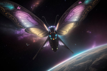 Space butterfly, flying in space. Generative AIの素材