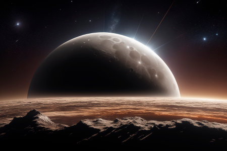 Earth and the sun next to the Moon on a cosmic background. Generative AIの素材