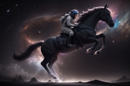 Astronaut rides a space horse, exploring and traveling through space. Generative AIの素材