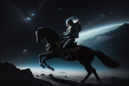Space horse with a female astronaut, running in space. Generative AIの素材