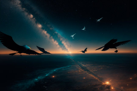 Space birds in a flock, flying in outer space. Generative aiの素材