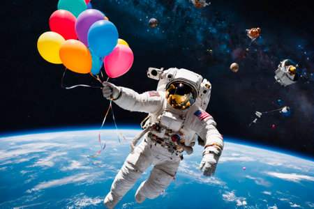 Astronaut with balloons in outer space. Generative AIの素材