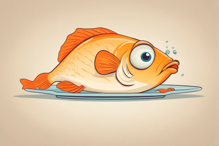 Funny cartoon fish flops onto a plate with a worried look. Generative AIの素材