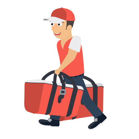 Delivery man delivers the order. Courier carries a bag, vector illustrationのイラスト素材