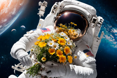 Astronaut with flowers, in outer space. Generative AIの素材