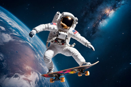 Astronaut on a skateboard in outer space. Generative AIの素材